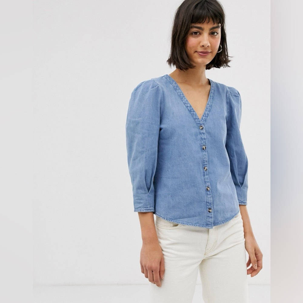 Monki Cotton Puff-Sleeve Button Top